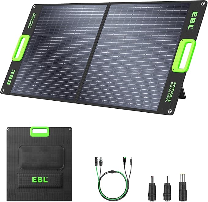 EBL Panel Solar 100W Panel Solar Portátil (Actualizado) para Estación de Energía 240/300/500/1000/1500/2000, con Soporte Ajustable y Cable Paralelo, Impermeable IP65 para Camping al Aire Libre